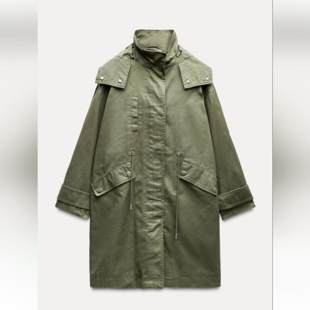 Zara Olive Green Parka Coat With Removable Hood Sz M